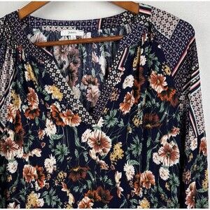 JODIFL Women Blouse Large Boho Floral Patchwork Long Sleeve Top Navy Rayon